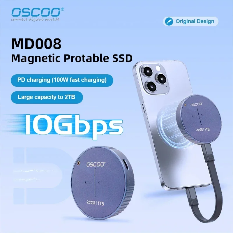 OSCOO Portable Magnetic SSD 1TB for IPhone 15/16 TypeC PSSD Externa Drives Support PD Power 100W Fast Charging 10 Gbps PSSD