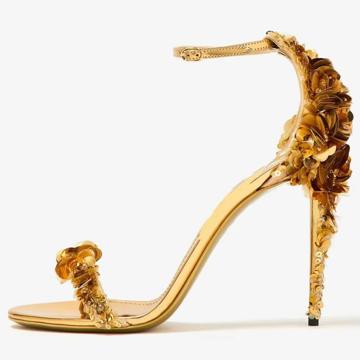 

Gold Sequined Flower Sandals Open-Toe Buckle Stiletto High Heels Sexy Catwalk Women Shoes Sandalias Mujer Verano