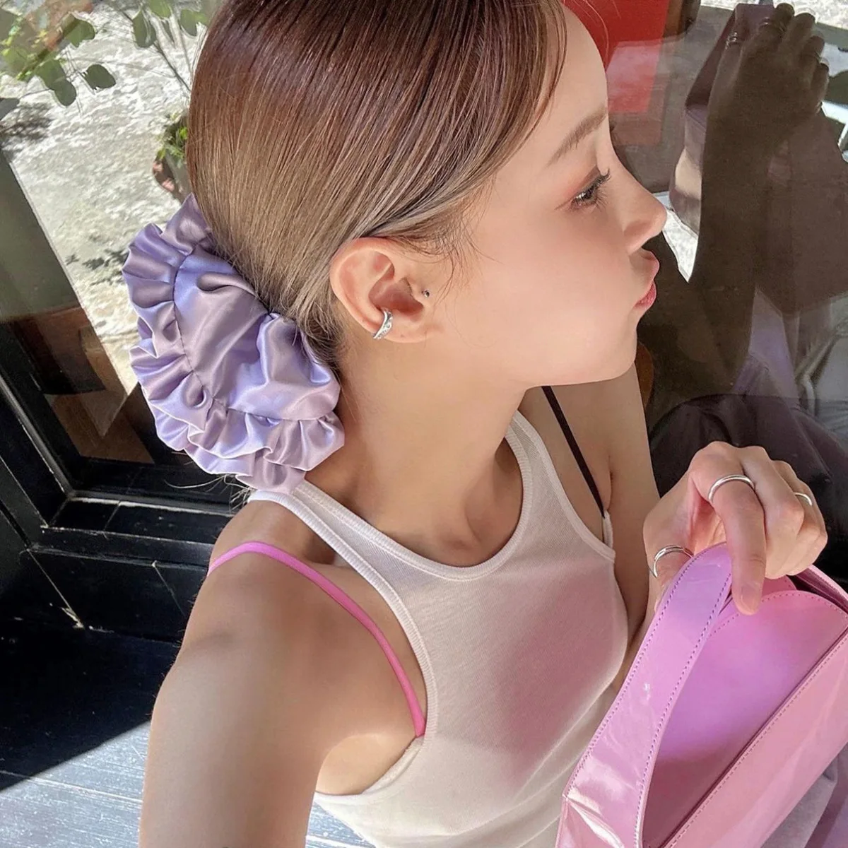 رباط شعر دانتيل مطوي باليه أنيق جديد كبير من الساتان الفرنسي حلقة كبيرة ربطة رأس كروية شريط مطاطي للشعر