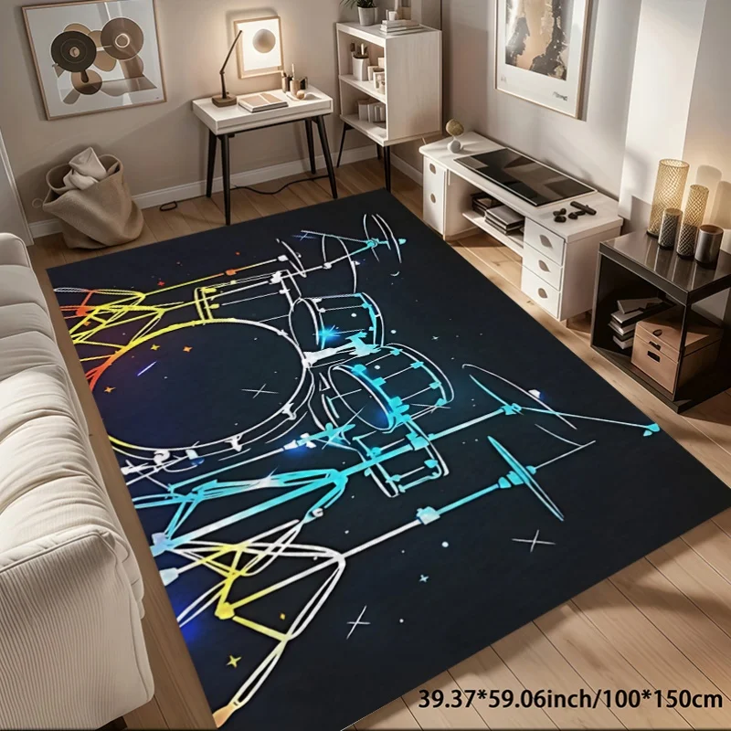 Gradient Jazz Drum Set Flannel Rug Music Band Instrument Floor Mat Soft Non-slip Area Carpet for Living Room Bedroom Decor