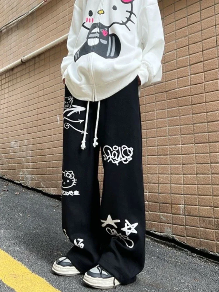 QWEEK Japanese Harajuku Kawaii Pants Women Cute Cartoon Print Straight Trousers Korean Fashion Kpop Casual 2024 Spring Autumn