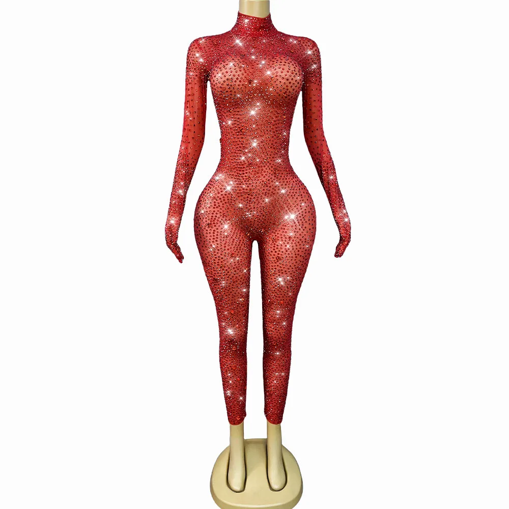 Luxurious Bingbling Handmade Rhinestones Mesh Jumpsuit Singer Dancer Performance Club Birthday Party Show Photoshoot Costume