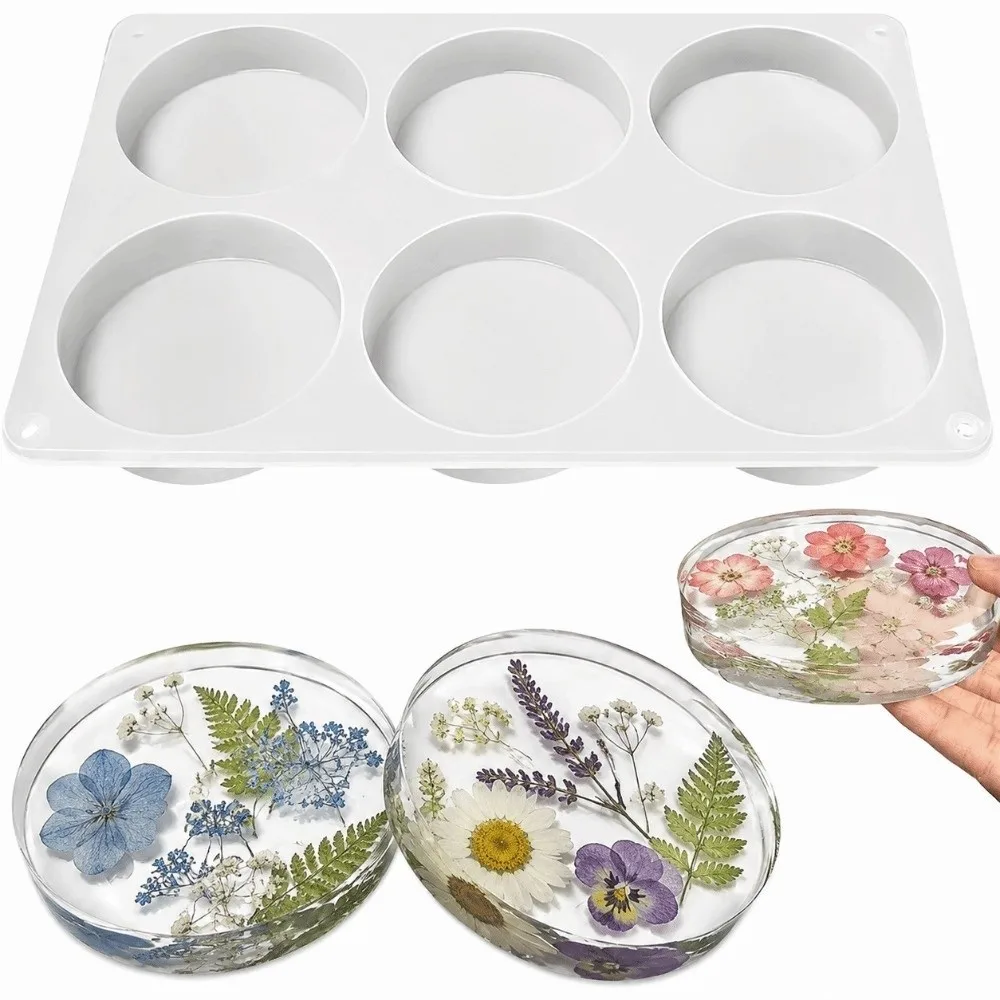 Random Color Resin Coaster Molds 6-Cavity Round Shape Silicone Coaster Molds Reusable Dripping Glue Design