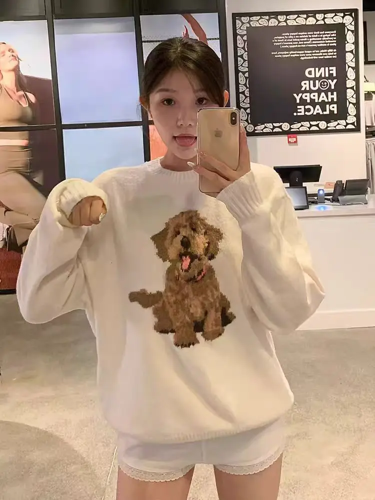 Y2k Kawaii Cute Knitted Pullovers Women Korean Sweet Harajuku Dog Cartoon Print O-nek Loose Sweater Autumn Tops Mujer Jumper New