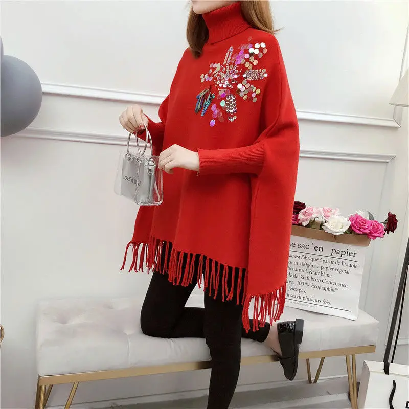 

High Neck Sweater Pullover Women Medium Long Tassel Shawl Loose Bat Autumn Winter Knitted Cloak Pullover Sweater Female Coat