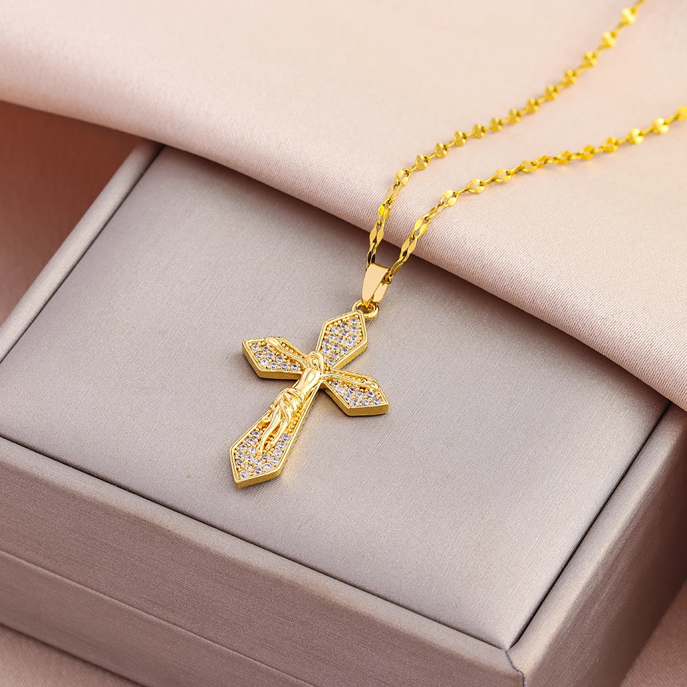 Retro Stil Lucky Guard Jesus Kreuz Anhänger Halsketten Für Frauen Weibliche 316L Edelstahl Hals Kette Schmuck Mädchen Geschenk
