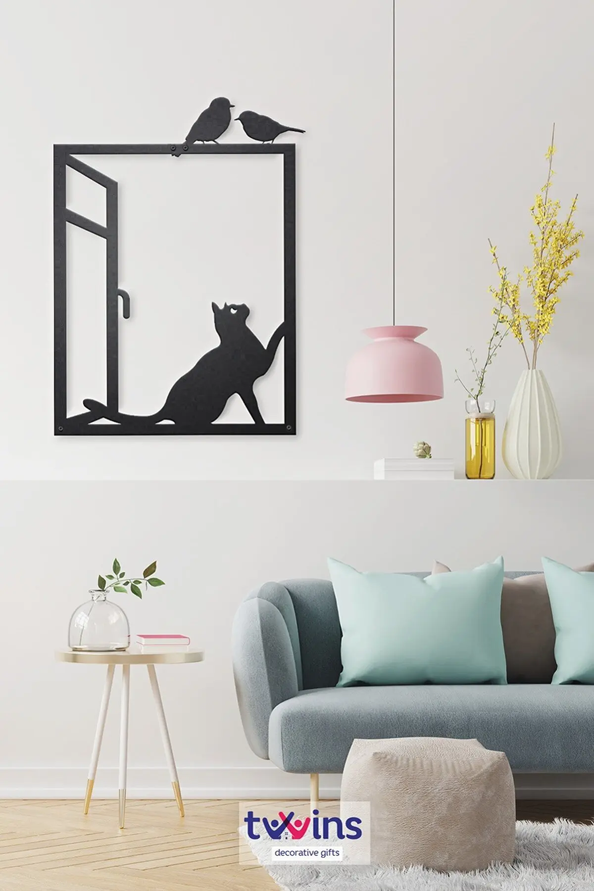 

Decorative Cat And Birds Laser Cut Metal Wall Art Decor 45x60 Cm 3D Black New Home Gift Living Room Hall Catlover Stylish