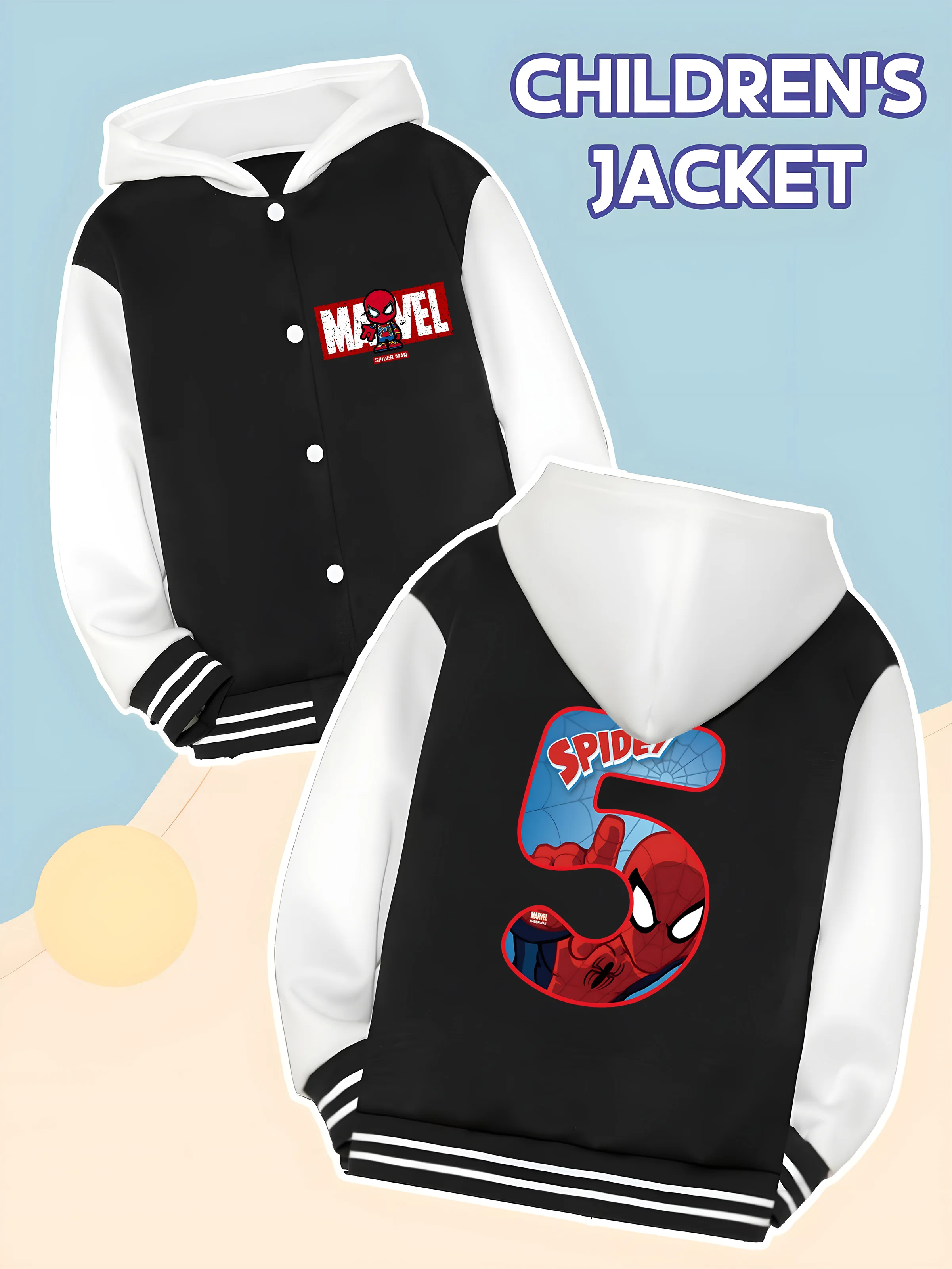 

MINISO Marvel Boys' Baseball hooded Jacket - Spider-Man Digital Double-Sided Graphic, Soft Fabric