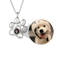 Personalized Pet Photo Necklace Custom Photo Charm Projection Necklace Dog Cat Paw Pendant Pet Memorial Jewelry For Pet Lover