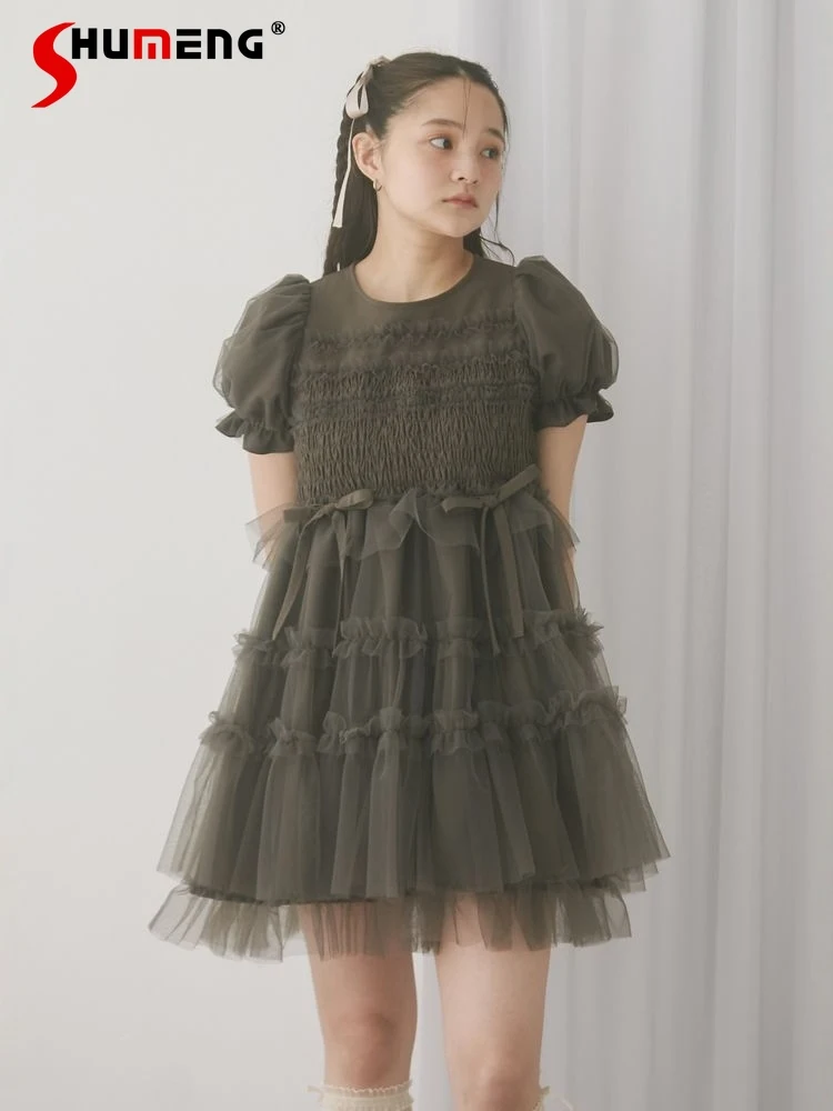 

2025 New Japanese Girls Sweet Cute Bowknot Mesh Patchwork Mini Dress Women's Daily Basic Fashion Casual Puff Sleeve Dresses