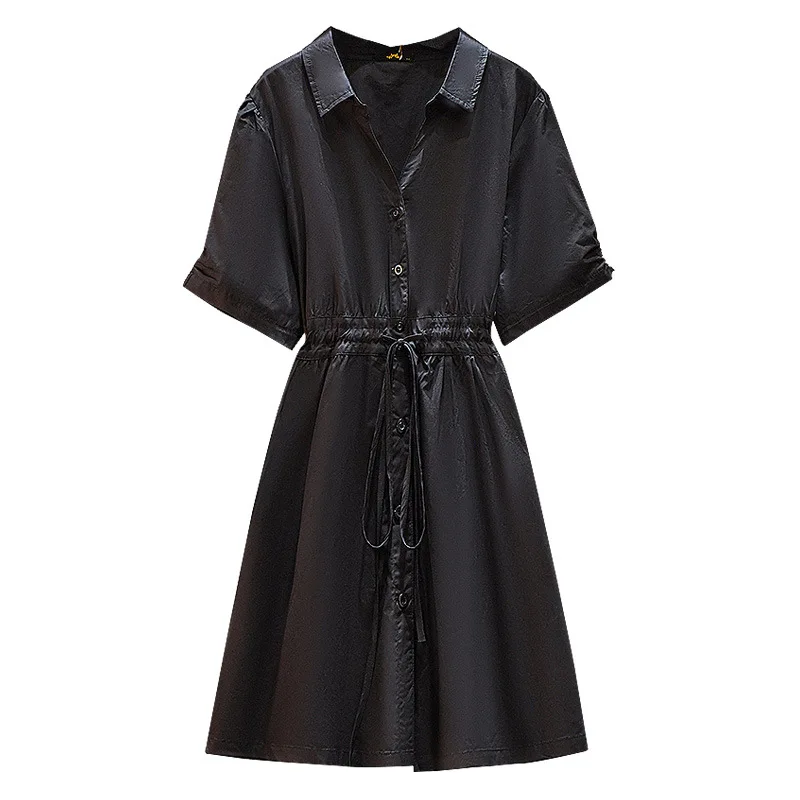 Grande taille été Dr femmes ample Dstring genou longueur ort Sve t-shirt jupe longue taille haute couleur Pure trajet Sle