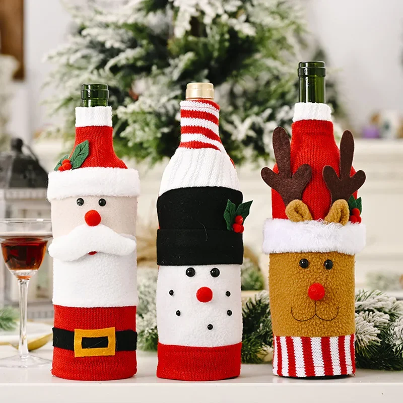 Champagne Bottle Cover Reusable Christmas Decoration Cartoon Shape Snowmen Elk Christmas Wine Bottle Clothes for New Year