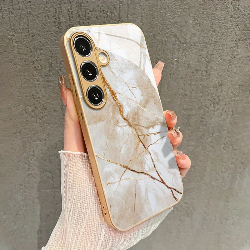 Metallic marble pattern glass phone case for  Samsung Galaxy S26 S25 S24 S23 Ultra Plus Glass Len Protector Shockproof Cover