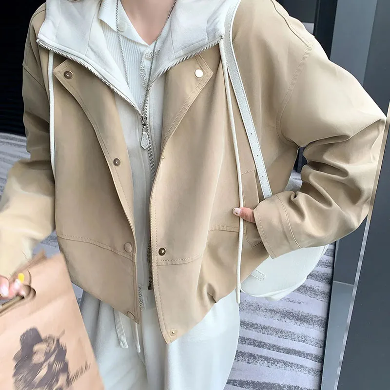 

Korean women's khaki stitching Ladies fake two-piece coat hooded short Jacket 2025 autumn simple Female casual loose Overwear