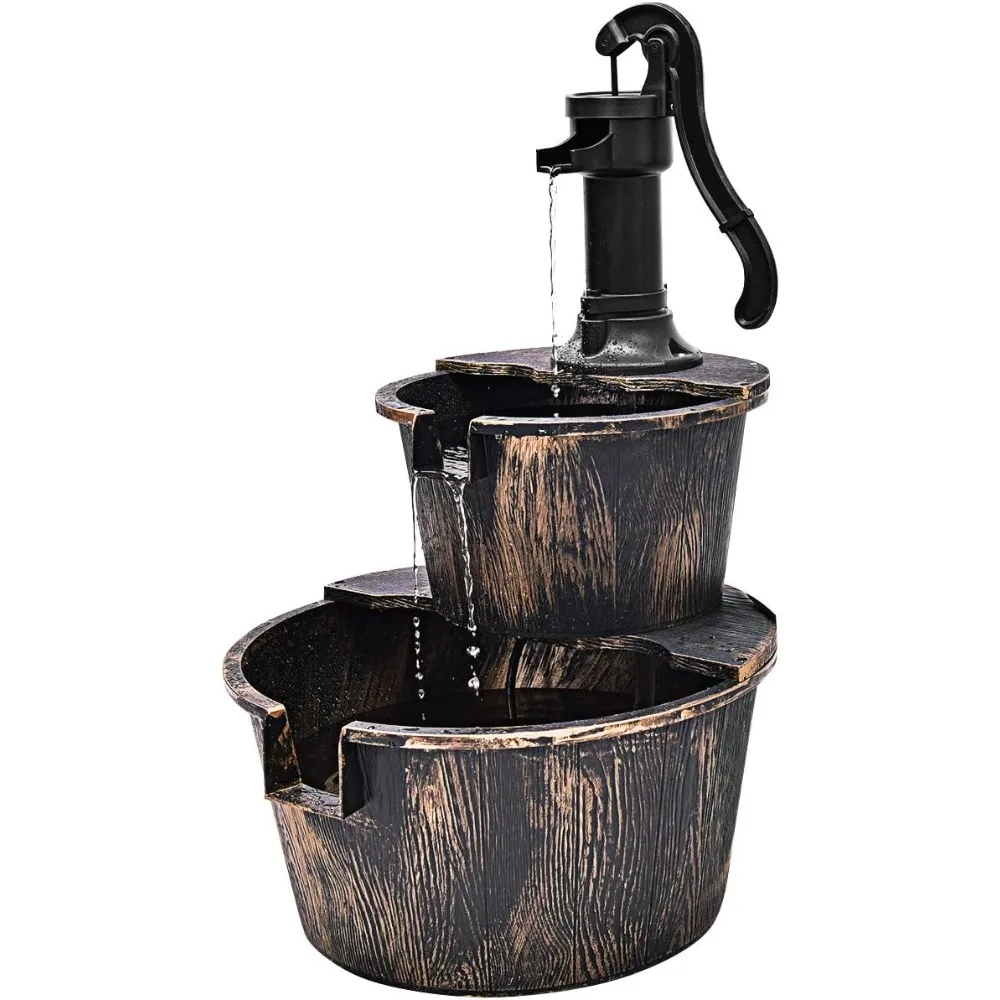 

Water Fountain Outdoor, 2-Tier Barrel Cascading Waterfall Fountain with Electric Pump for Garden Patio Deck Backyard Decor, Rus