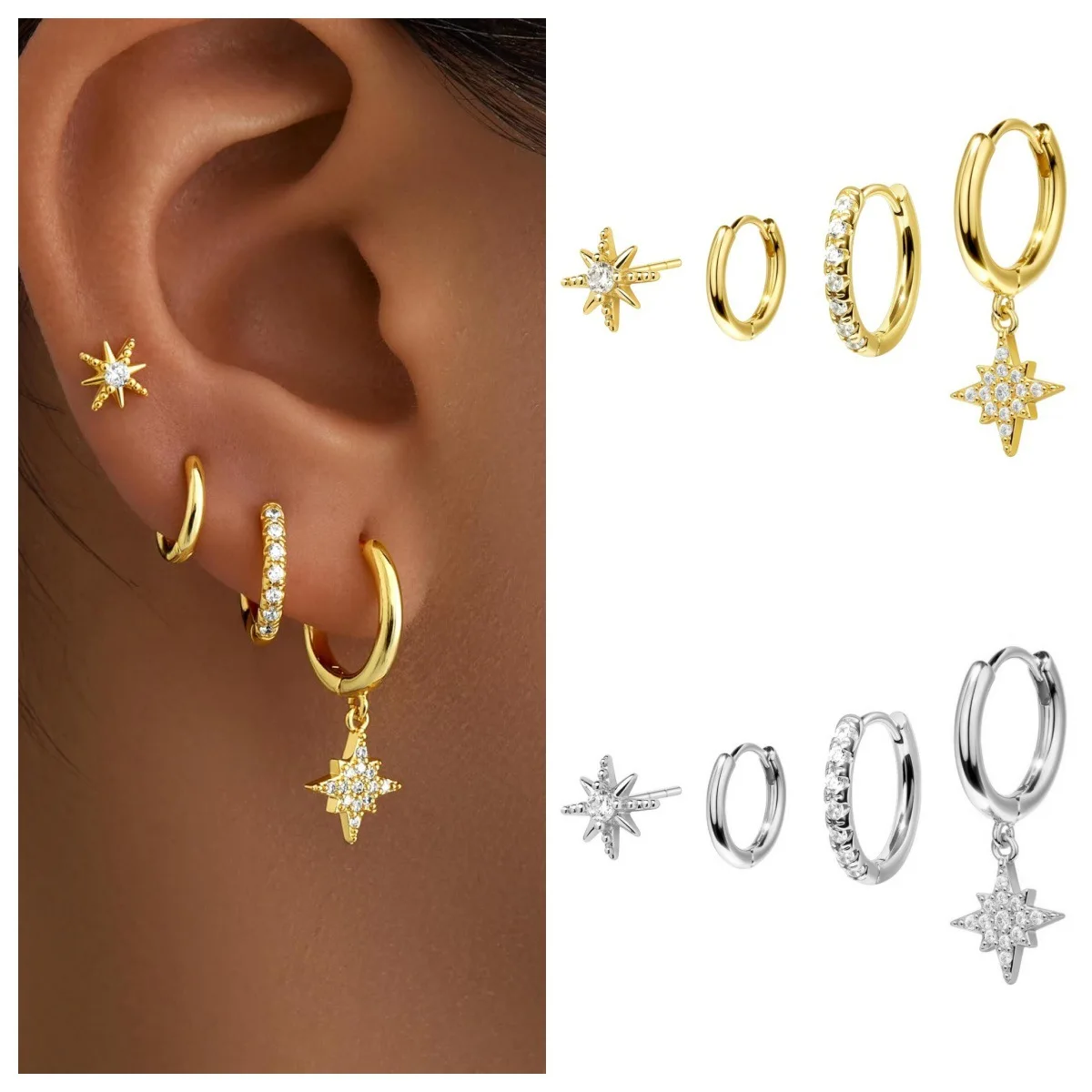 4Pcs Eight-pointed Star Earring Set Fashion Minimalist Zircon Ear Buckles S925 Sterling Silver Vintage Women Daily Wear Ear Jewe