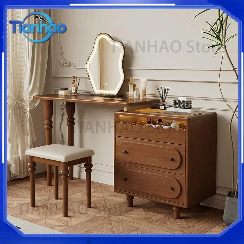 Vintage French Style Solid Wood Dresser with Vanity for Small Bedrooms Extendable Bedside Makeup Table Storage Cabinet