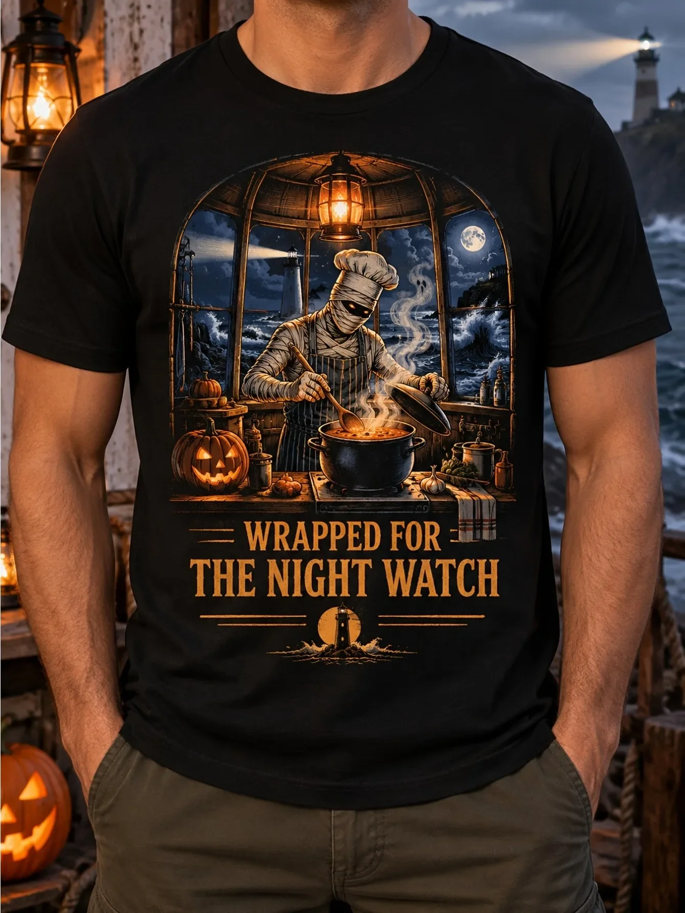Halloween Bohemian Men'S Halloween T-Shirt Night Vigil Kitchen Scene Skull Chef Cooking Pumpkin Lantern Pattern Classic Version Short Sleeve T-Shirt, Christmas Gift