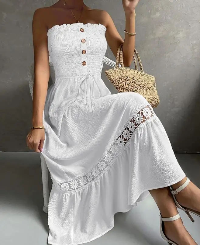 

Dresses for Women 2023 Fashion Sweet Vacation Bandeau Sleeveless Shirred Lace Patch Casual A Line High Waist Maxi Dress