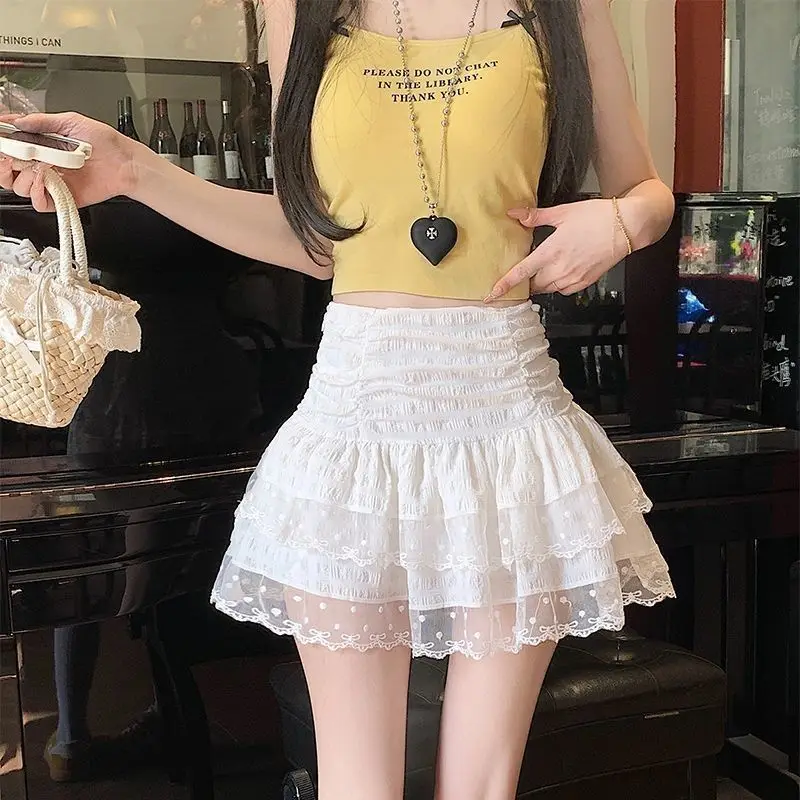 

White High Waist A-Line Puffy Skirt Women's Summer Adult Tulle Skirt Ballet Sle Lace Trim f-length Cake ort Skirt