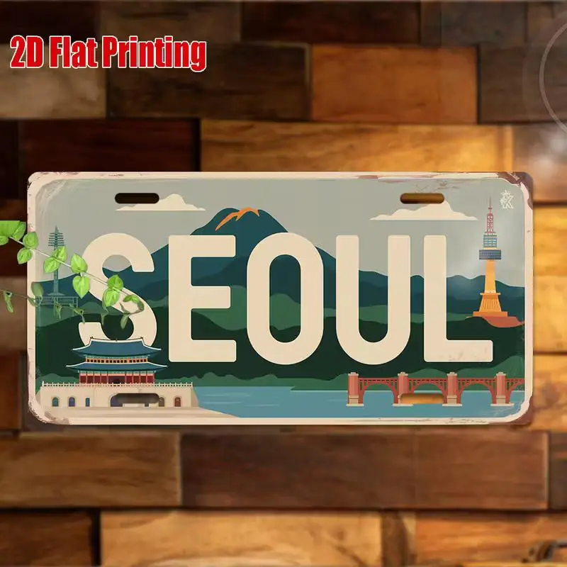 2D Flat, 1pc Vintage Metal License Plate of Seoul, Korea - Korean Retro Wall Decor with Namsan Tower, Gyeongbokgung Palace