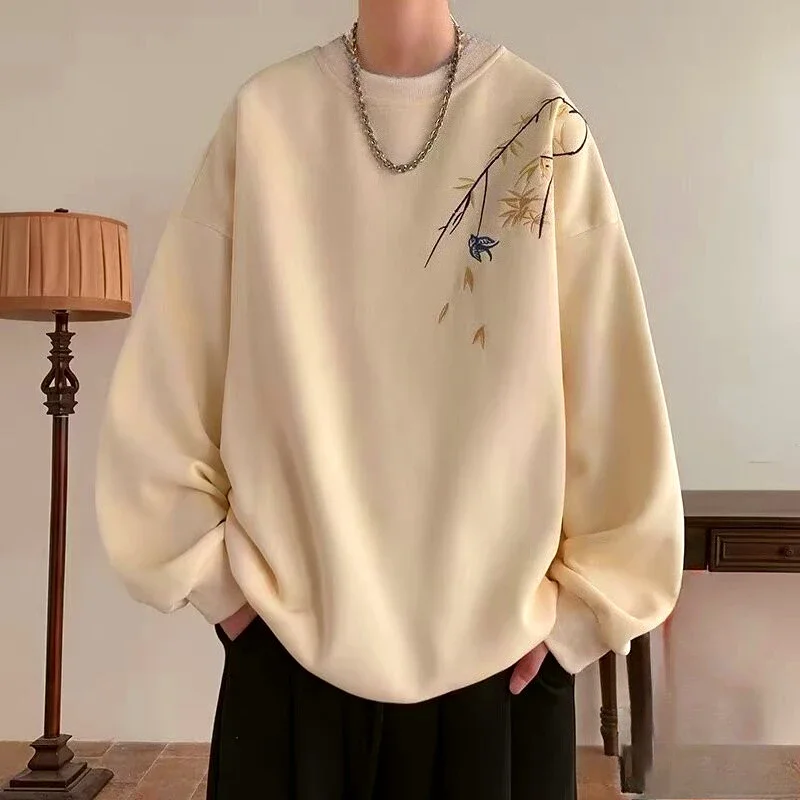 New Chinese Bird Print M-8XL Men Oversized Sweatshirt Fashion Loose Long Sleeve Couple Clothes