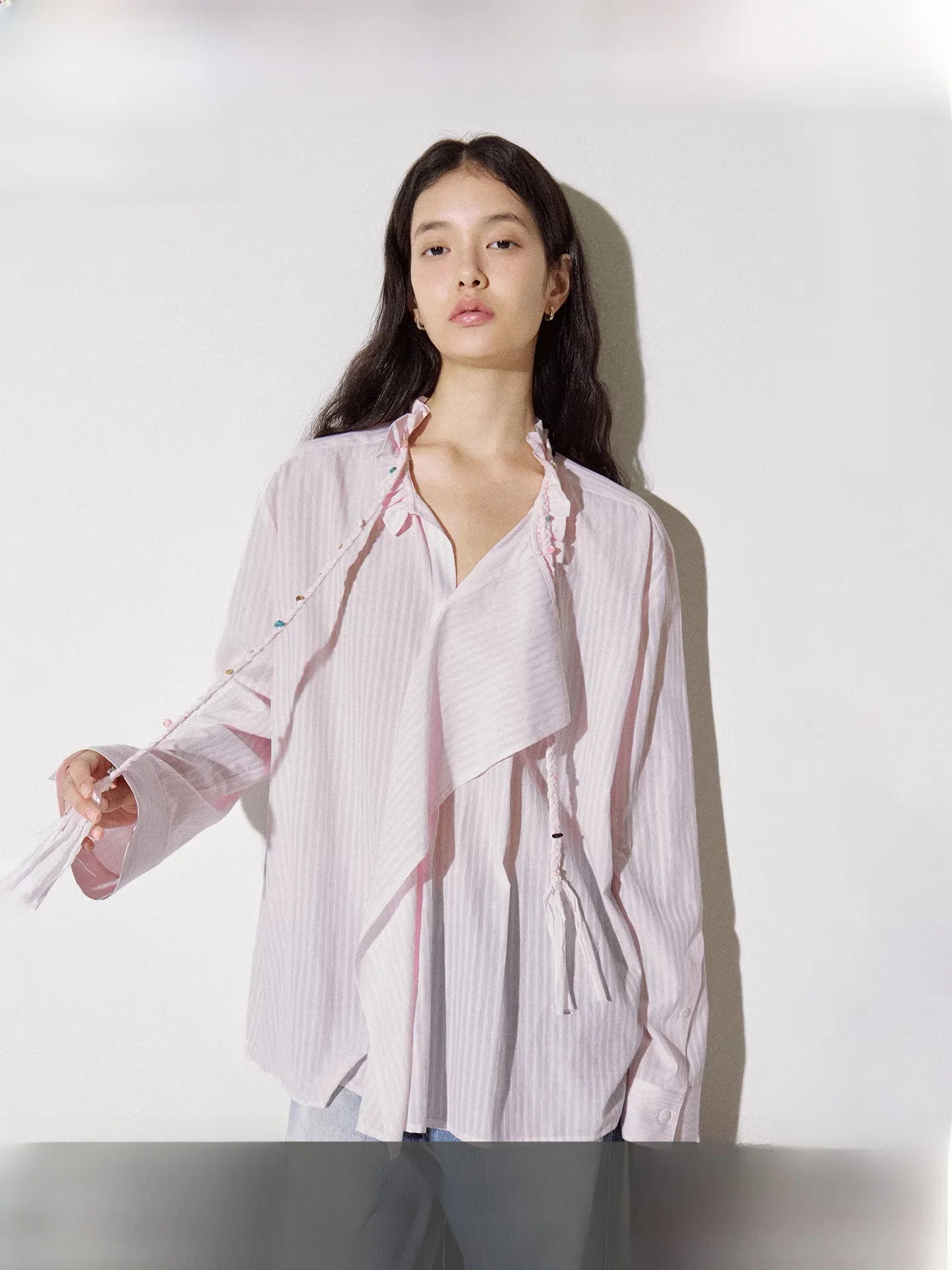 

Fano Asymmetric Hemline Faionable Design Handmade Beaded Braided Rope Striped irt Korean Sle Loose Fit Long Sve V-Ne