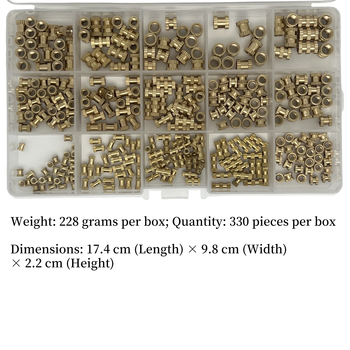 330-Piece Boxed Assortment of Embedded Nuts: Pre-Embedded Knurled Hot-Melt Copper Nuts, Copper Inserts and Injection-Molded Nuts