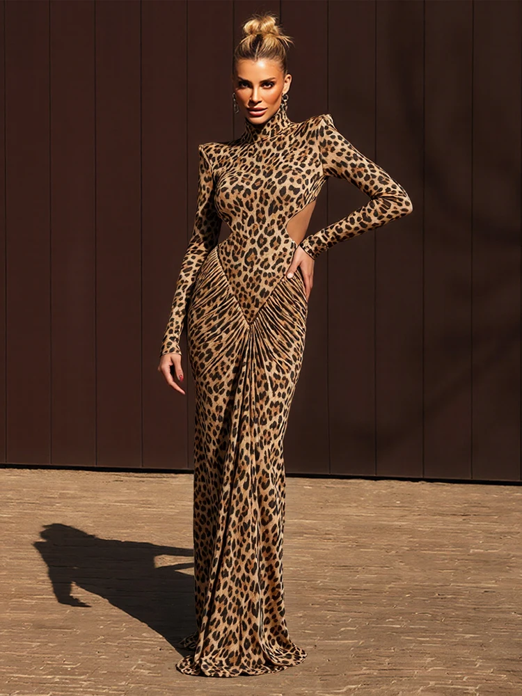 Nibber Leopard Print Maxi Dress Women Backless Full Sleeve Turtleneck Peach Butt Folds Skinny Fashion Elegant Banquet Vestidos