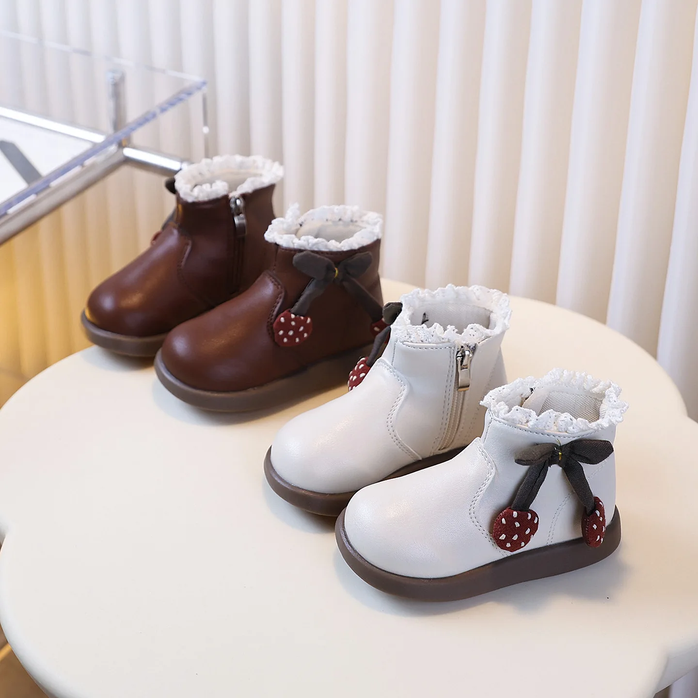 2026 New Fall Winter Baby Boots PU Leather White lace ruffled Toddler Short Boots for Kids Girl Bow-tie Princess Shoes