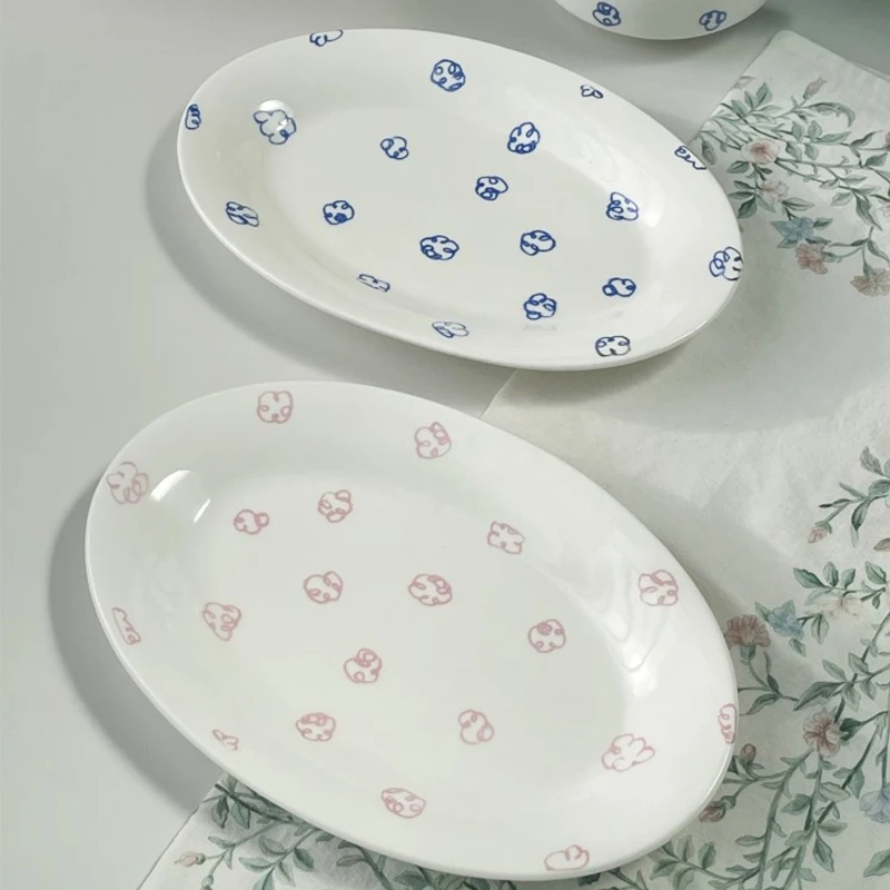 Cute Cartoon Print Dessert Plates 8 Inch Oval Overglaze Color Ceramic Dish Japanese Style Good-looking Exquisite Breakfast Plate
