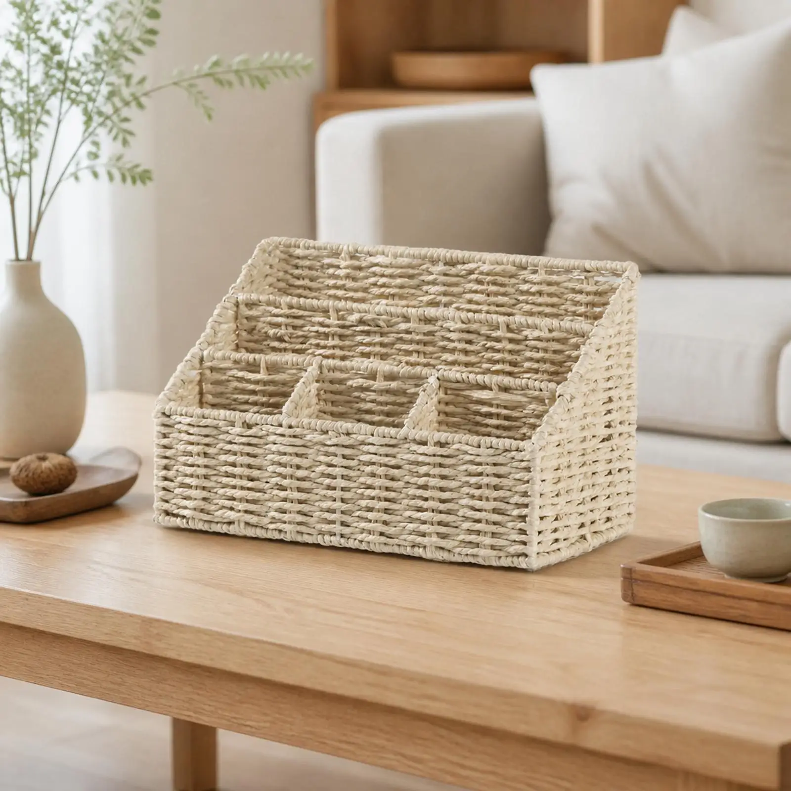 Paper Rope Woven Desk Storage Organizer Basket Open Top Rectangular with Raised Back and Front Dividers for Keys and Cosmetics