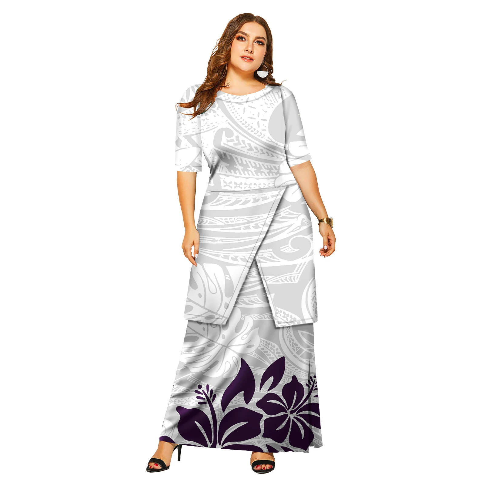 Women's Dress Design Hawaiian Tropical Style Short Sleeve Puletasi Samoan Dress 2 Piece Set Island Dress