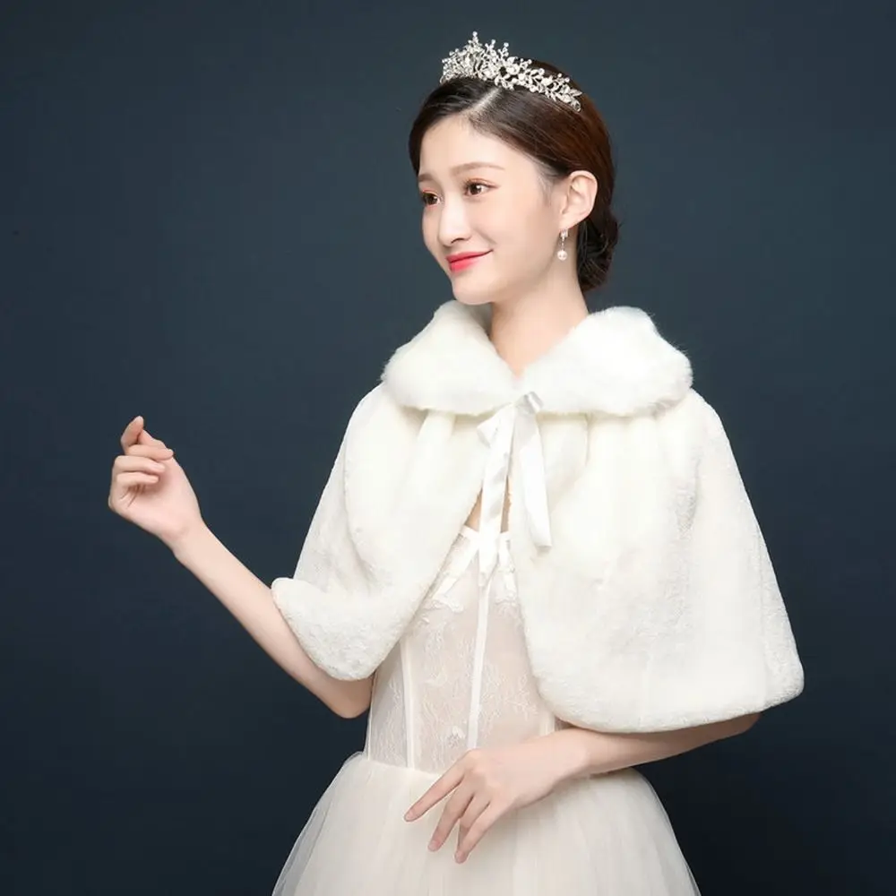 White Womens Winter Thicken Plush Wrap Stole Elbow Length Wedding Bridal Shawl Cape Warm Jacket Shrug with Lace Up Ribbon view 6