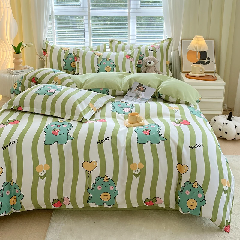 Cute Cartoon Dinosaur Duvet Cover 4 PCS Green Stripe Bedding Set Jungle Dino Comforter Cover Queen Wild Animal Bedspread Cover