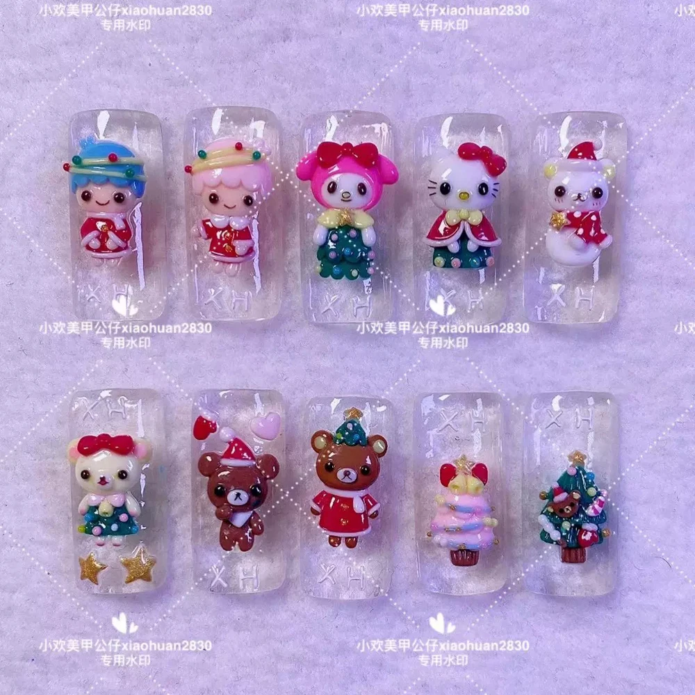 Christmas Sanrio Mymelody Hello Kitty 3D Acrylic Nails Mold Christmas Tree Bear Snowman Diy Handwork Finished Product Nail Mold