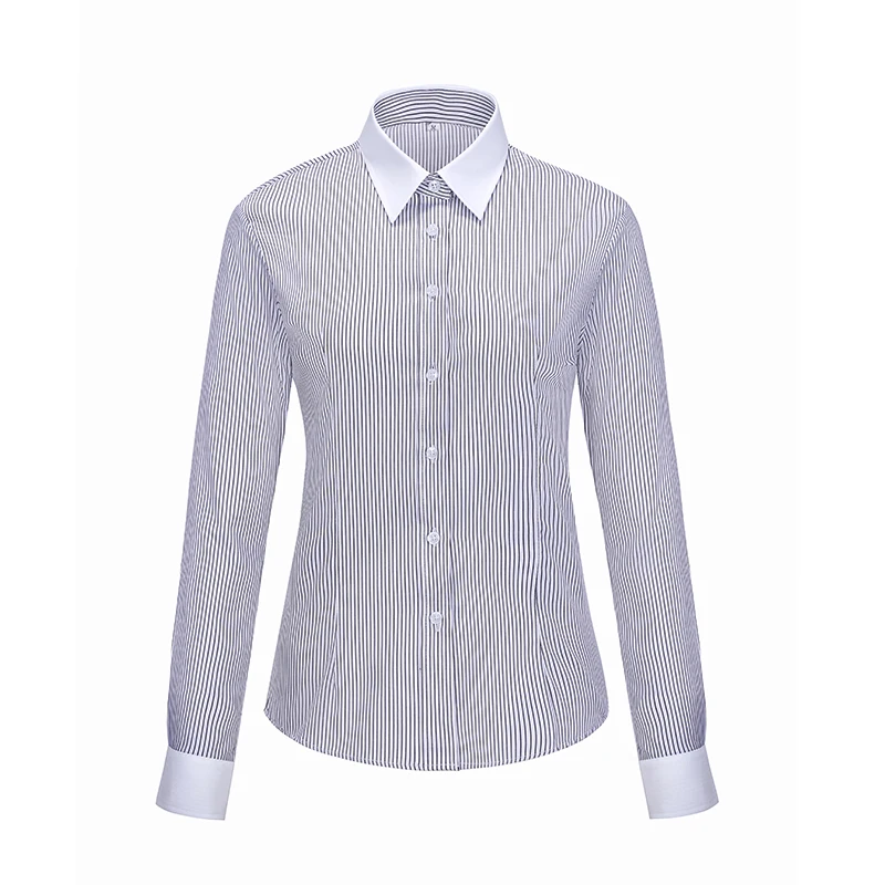 Lenshin Dropship Striped Shirts for Women Long Sleeve Blouse Work Wear Office Lady Female Tops Chemise Contrast Collar 6XL