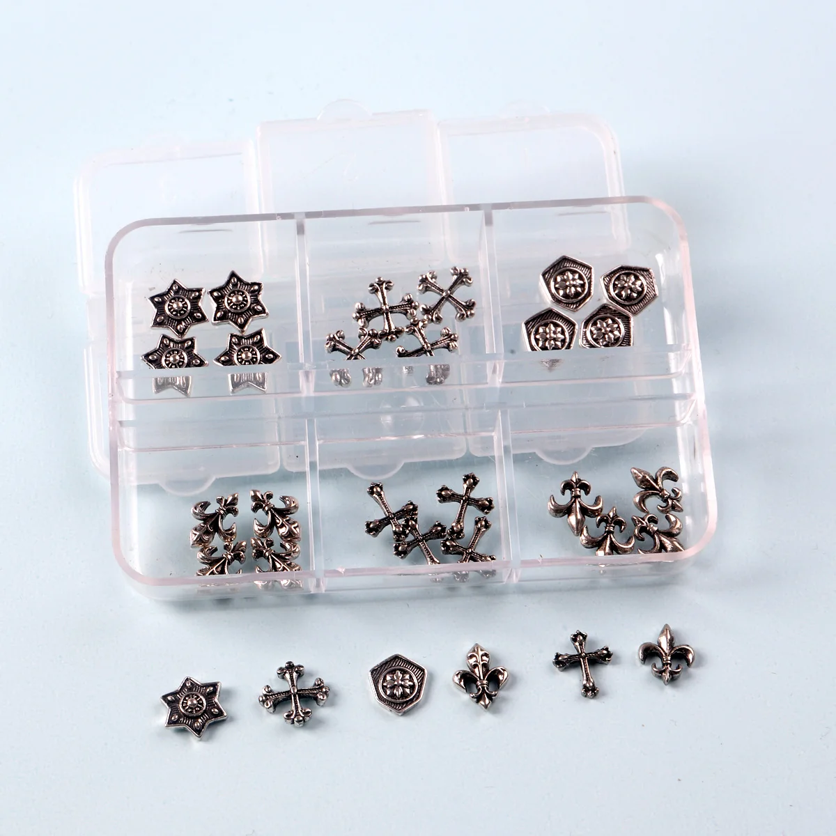 TSZS 6 Grids 3D Retro Punk Cross Jewelry Nail Art Charms Mix Shape Grey Cross Nail Charms Nail Manicure Decoration