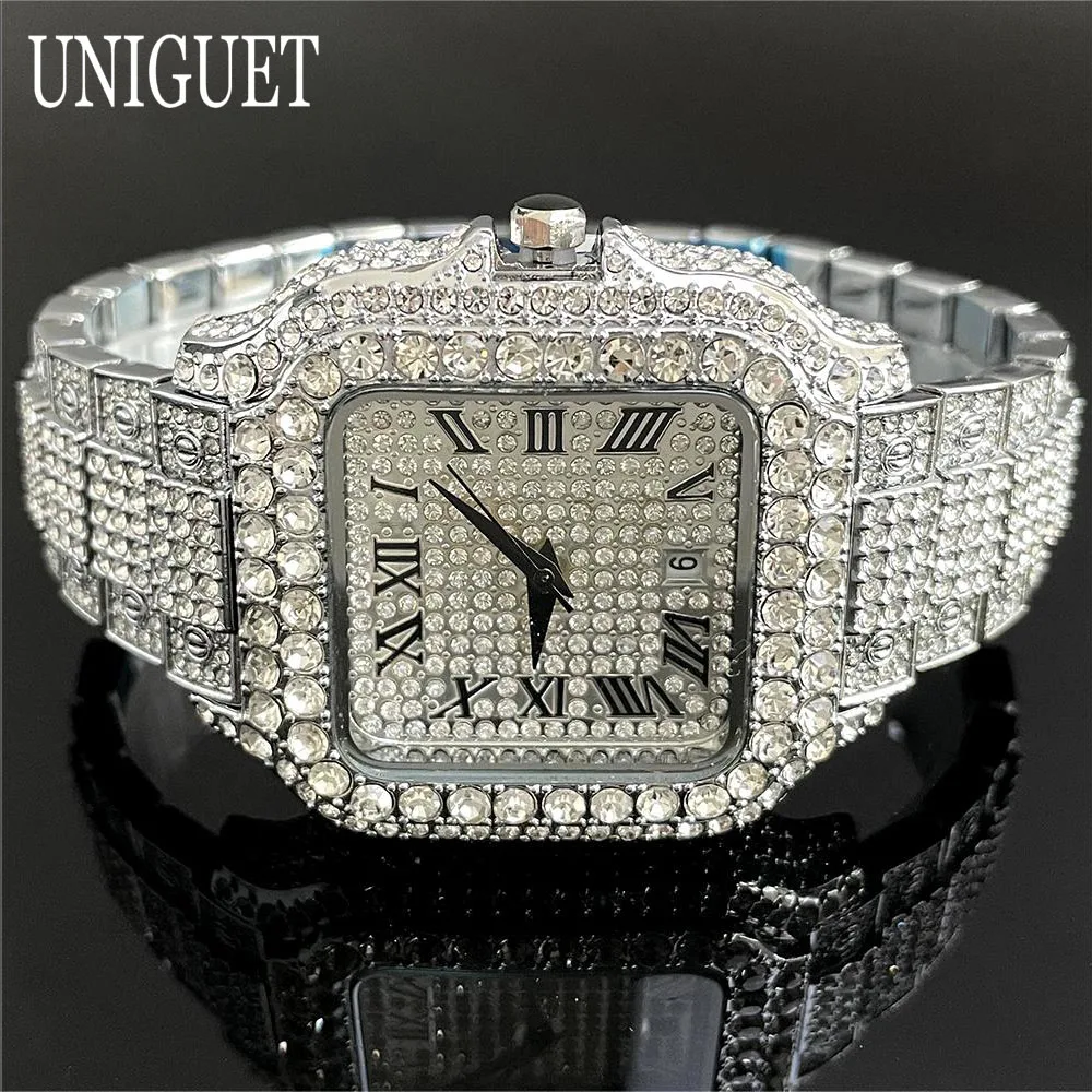 2024 UNIGUET Iced Watch For Men Lxuxry Stainless Steel Quartz Watches Fashion Hip Hop Diamond Square Wristwatch Man Dropshipping