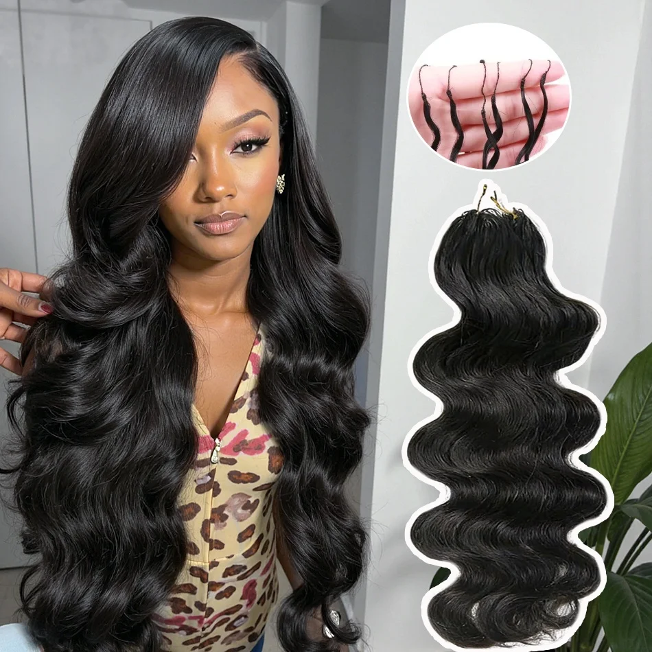 

Crochet Human Hair Body Wave Feather Extensions With String In The Middle For Braids Notless Pre-Separated For women 10-30 Inch