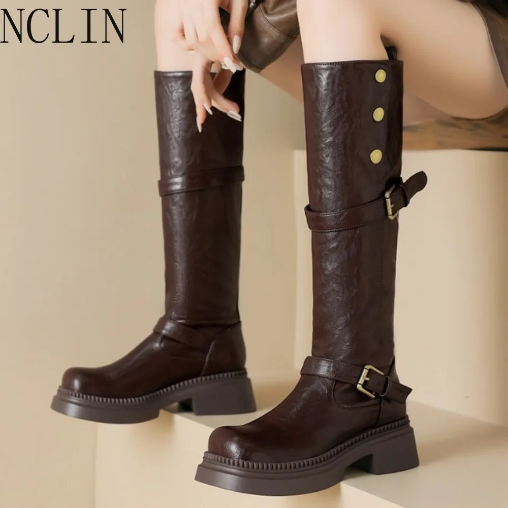 2026 Winter New Women Shoes Genuine Leather Mid Calf Boots Round Toe Fashion Thick Heels Shoes Winter Retro Black Platform Boots