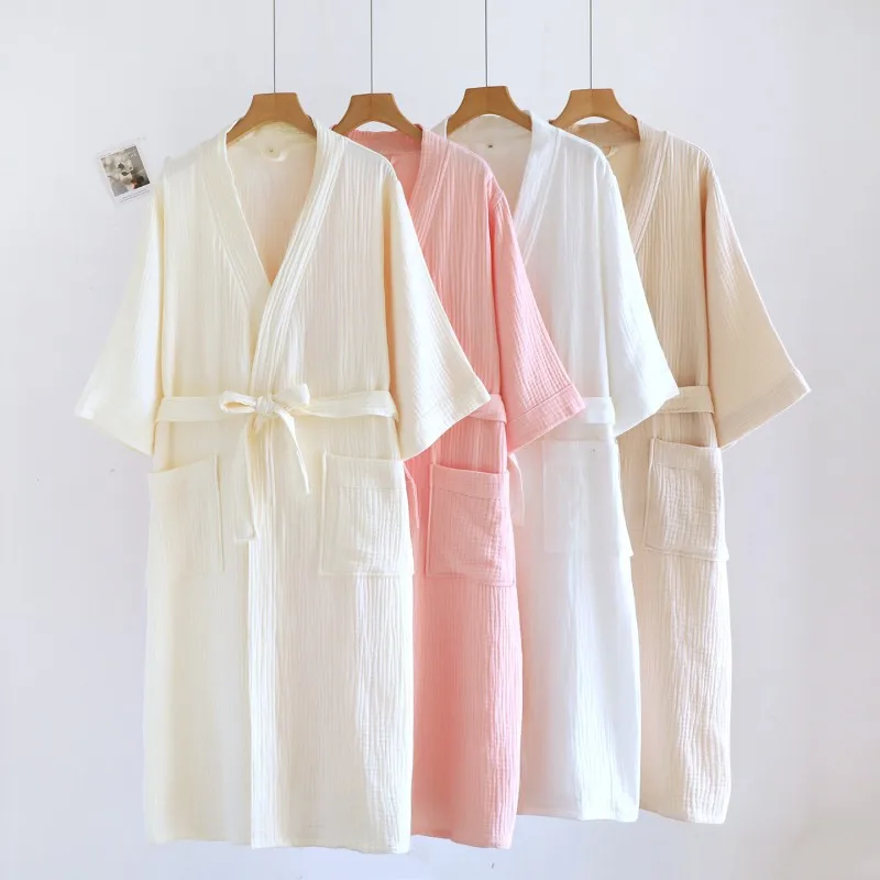 Spring Summer Women Simple Jacquard Robe Female Sleep Dress 100% Crepe Cotton Bathrobe Girls Half Sleeve Home Kimono Robe