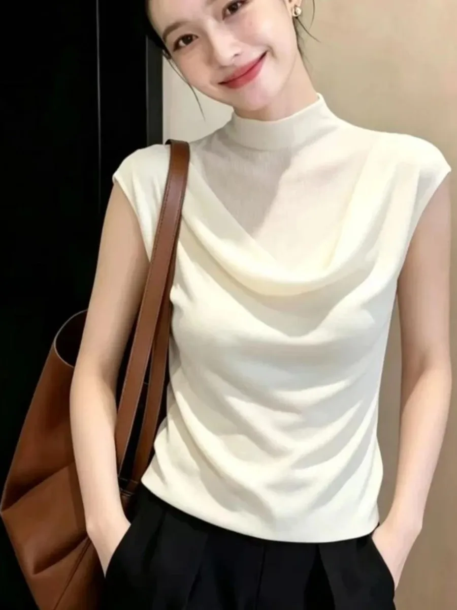 Women's White Half-High Collar Sleeveless Knitted Vest Thin Summer Slimming Versatile Top Simple Style Inner Wear Casual Fashion