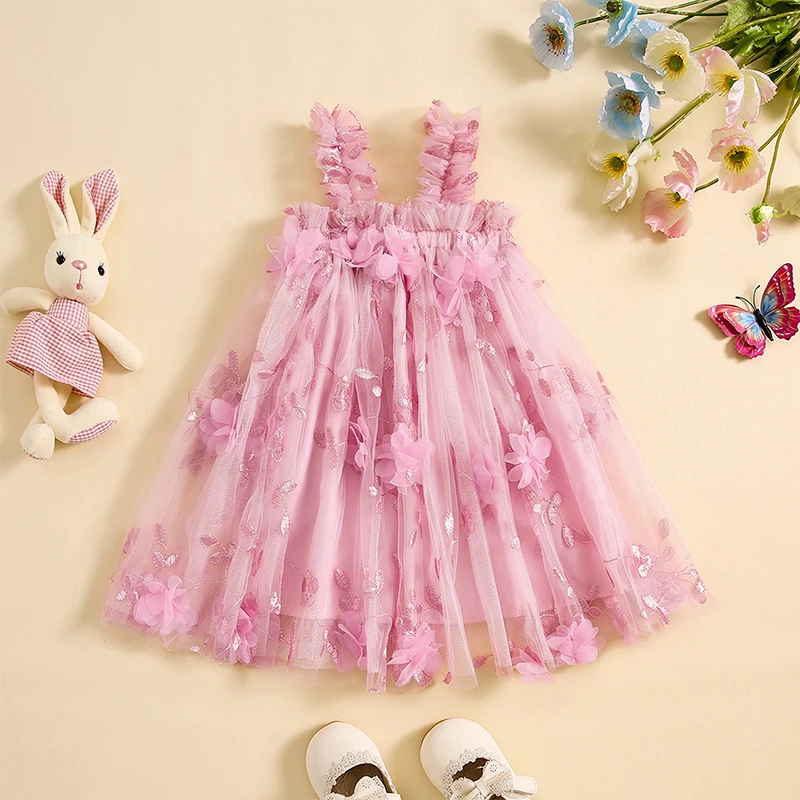 Toddler Girl Dress 3D Flower Summer Sleeveless Tulle Tutu Princess Dresses for Wedding Birthday Photoshoot