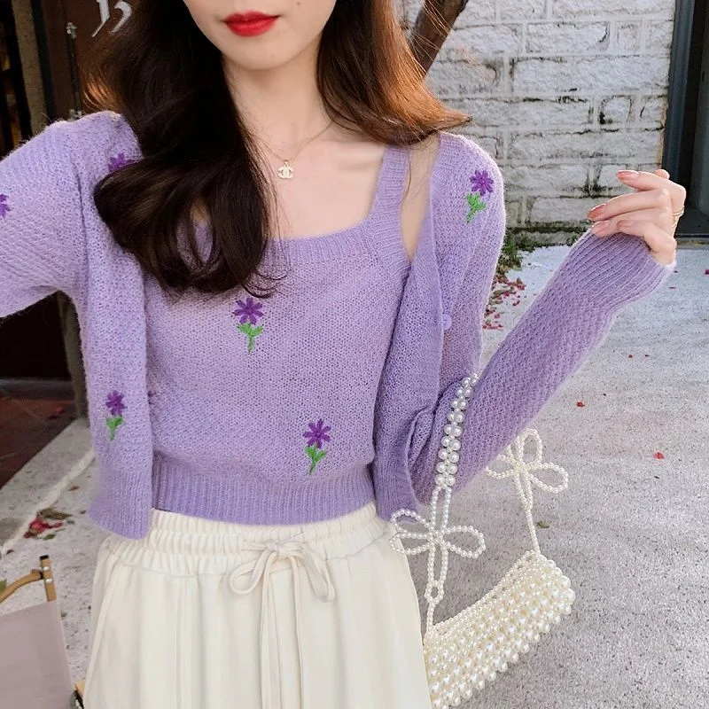 Sets Women Floral Embroidery Design Lovely Schoolgirl Holiday Autumn Fashion Female Crops Cardigan Slim Camisole Sweet Korean