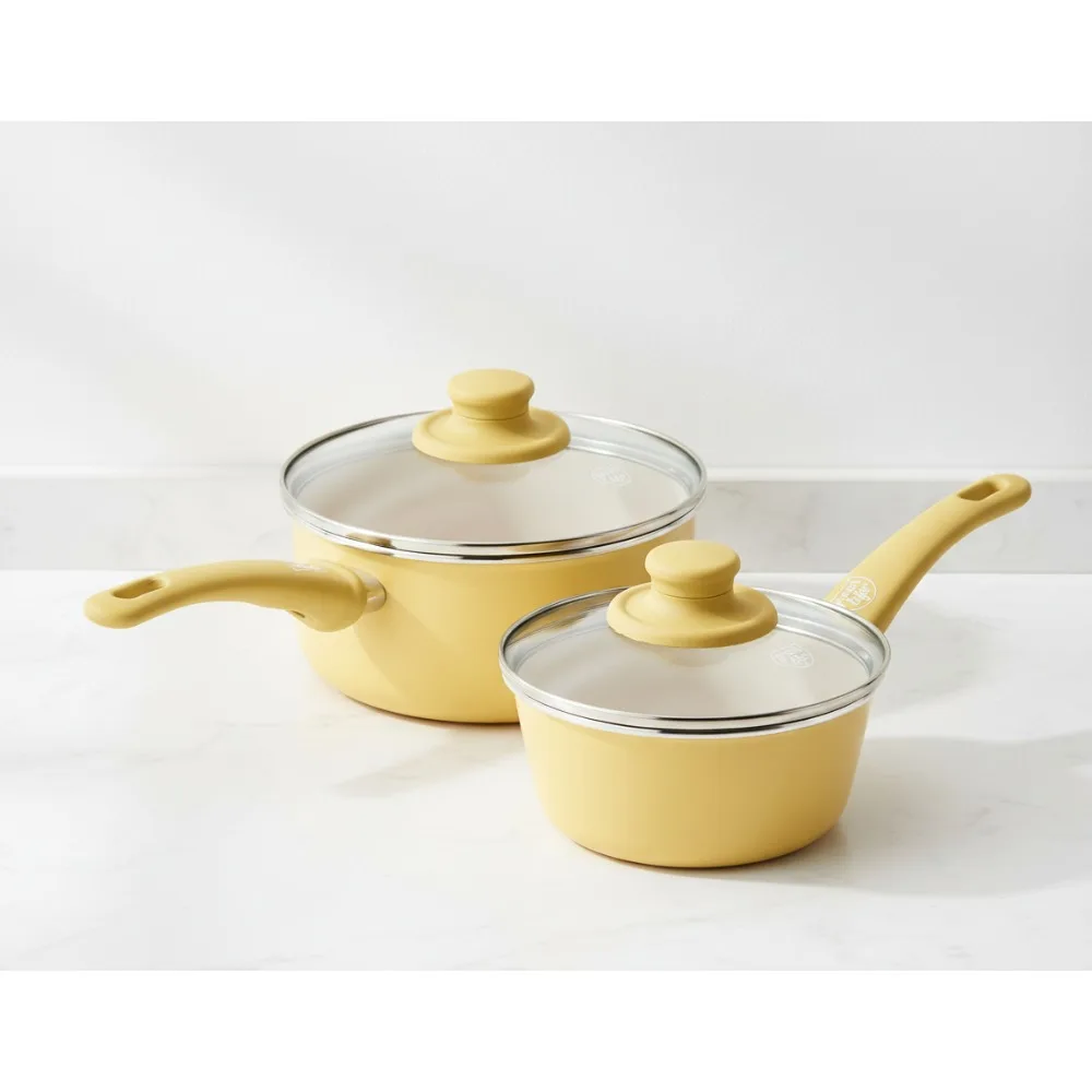 

Healthy Ceramic Nonstick Saucepan Set, PFAS & PFOA-Free, Dishwasher Safe with Glass Lids, Yellow Cookware for Home Chefs