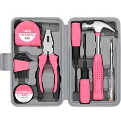 13 in 1 Multifunctional Home DIY Toolbox Mini Manual Repair Set Pliers Tape Measure Hammer Wrench Screwdriver Pink Hardware Tool
