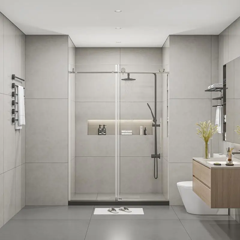 

Frameless Shower Doors 60" W x 76" H with 3/8" Clear Tempered Glass, Brushed Nickel Finish, Modern Bathroom Design