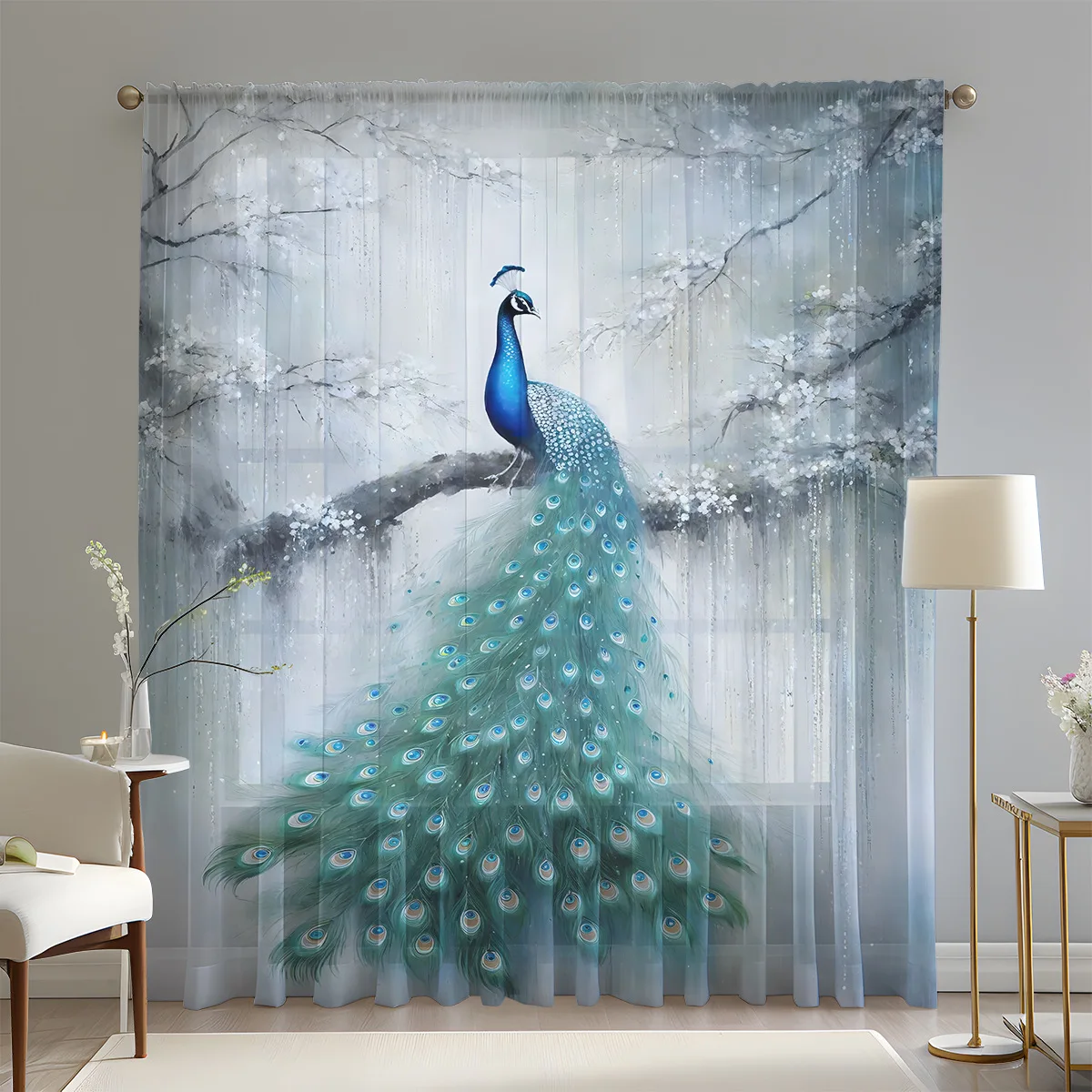 1pc Blue White Peacock Window Curtain 3D Digital Print Sheer Voile Rod Pocket Living Room Bedroom Decor +Free shipping