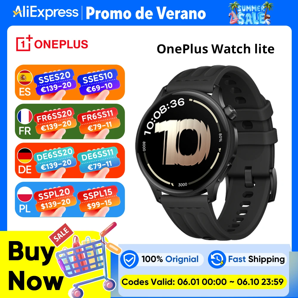 Montre connectée OnePlus Watch Lite, écran 1,46 pouces, 59 g, 10 jours d'autonomie fiable, fréquence cardiaque, surveillance du taux d'oxygène dans le sang